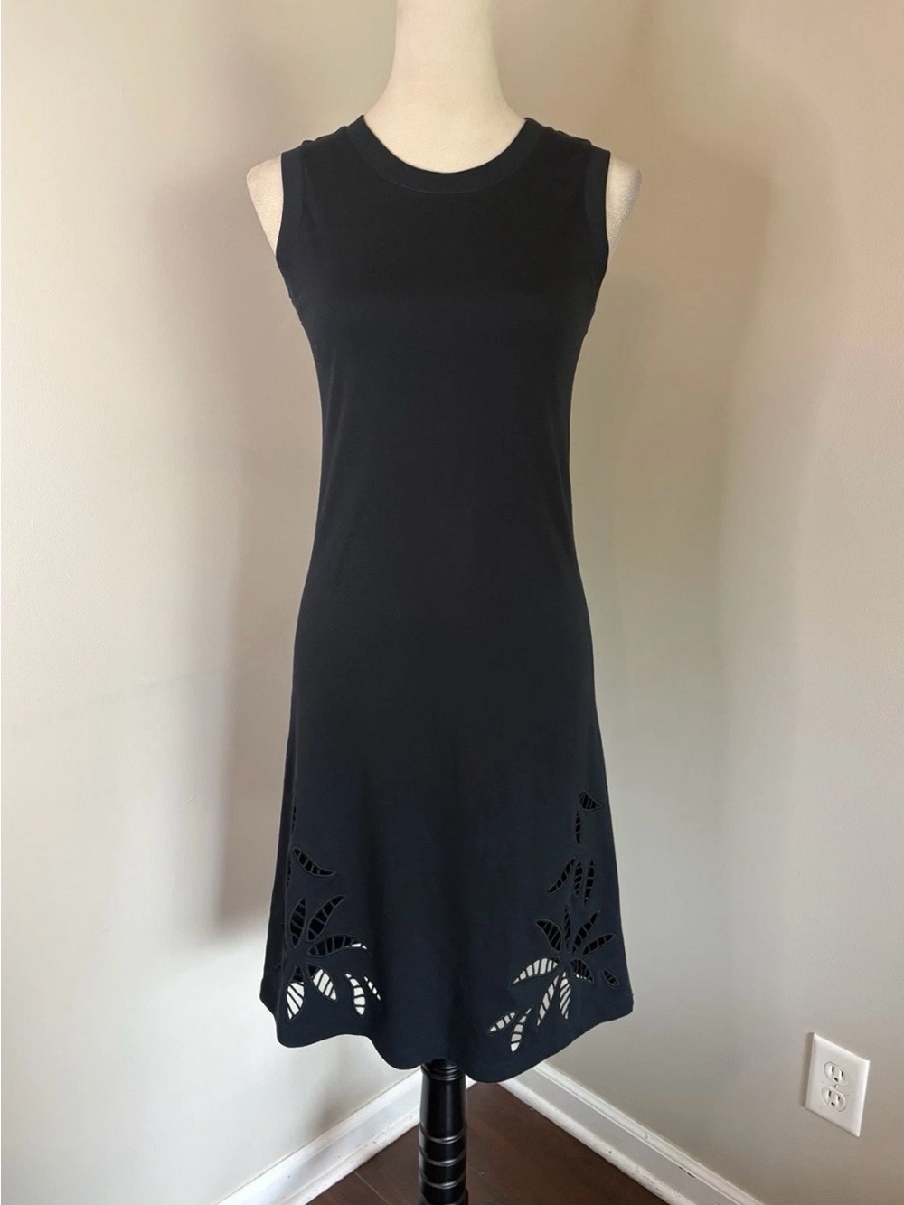 See by Chloé Black Sleeveless Midi Dress‎ with Laser-Cut Hem